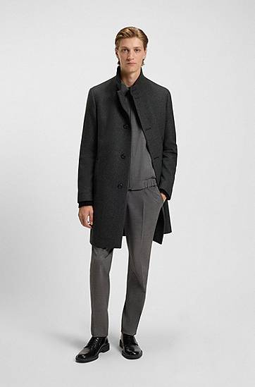 Takit BOSS Regular-Fit Stand-Collar Wool-Blend Twill Coat Harmaa | 50546553, 1