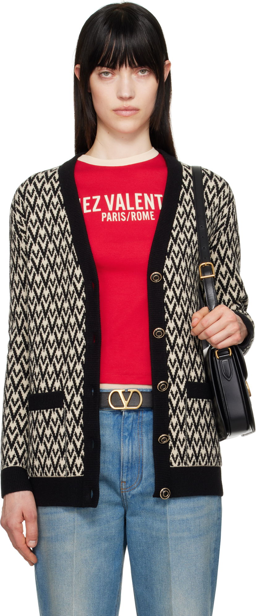 Villapaita Valentino Valentino 'Toute La V' Chevron Knit Cardigan Beige | 6B3KA09A929