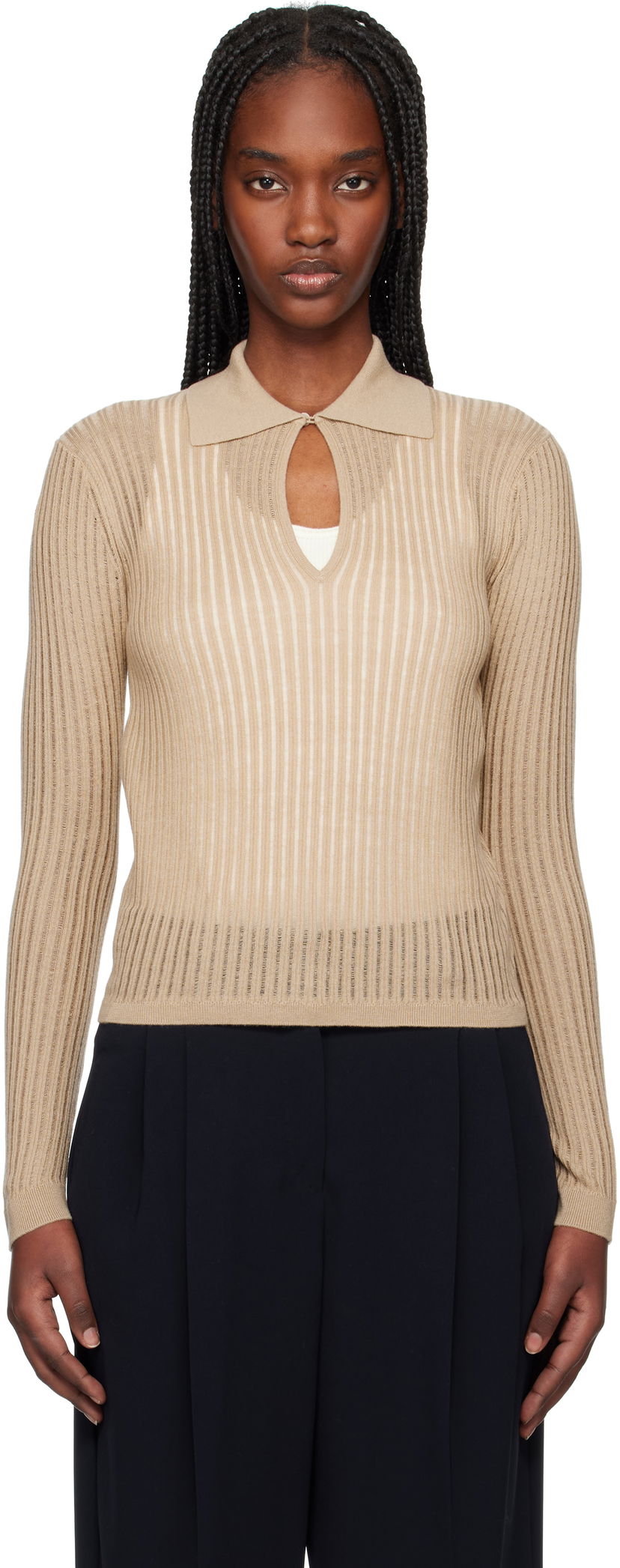 Villapaita Max Mara Max Mara Ribbed Keyhole Polo Top Beige | 2516361021600