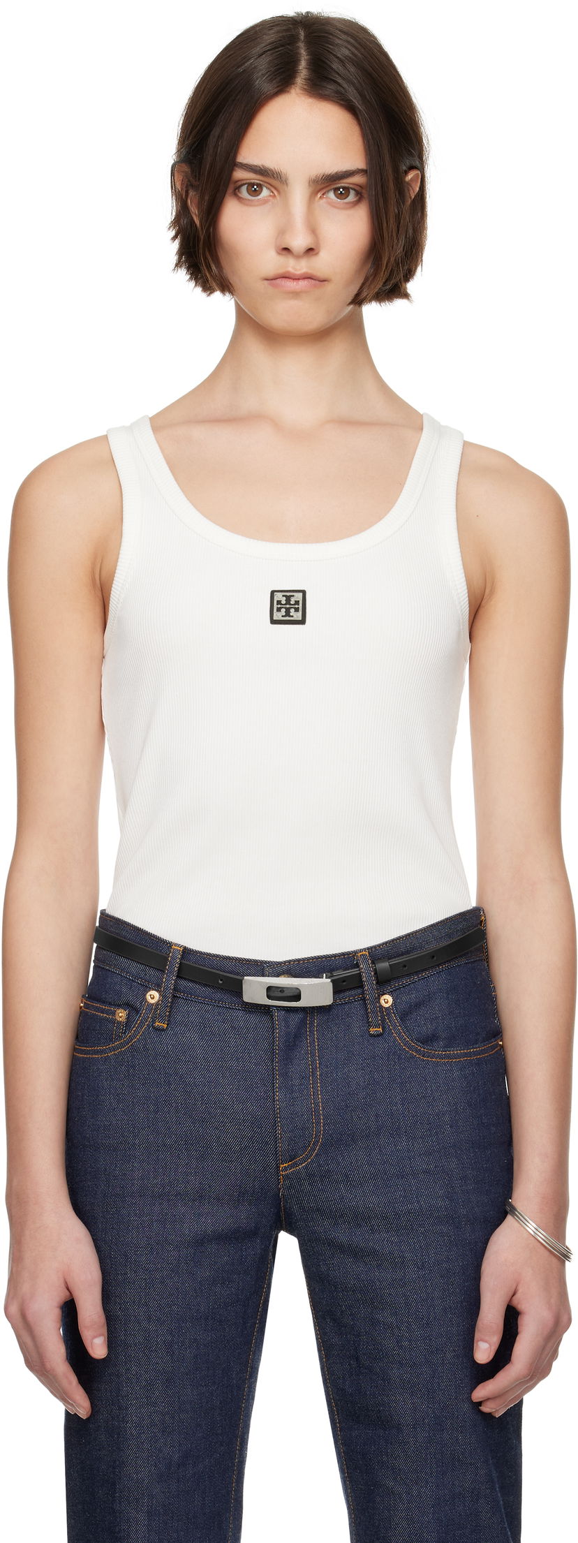 Tankkitoppi Tory Burch Tory Burch Cotton Scoop Tank Top with Metal Logo Valkoinen | 165173-047