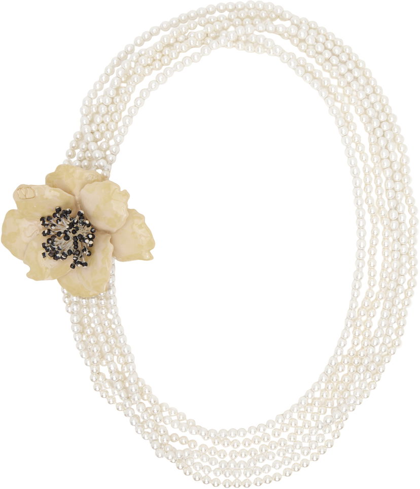 Kaulakoru Valentino Valentino Garavani Fleur Lumineuse Pearl Necklace with Flower Brooch Valkoinen | 6W2J0Y47KFH