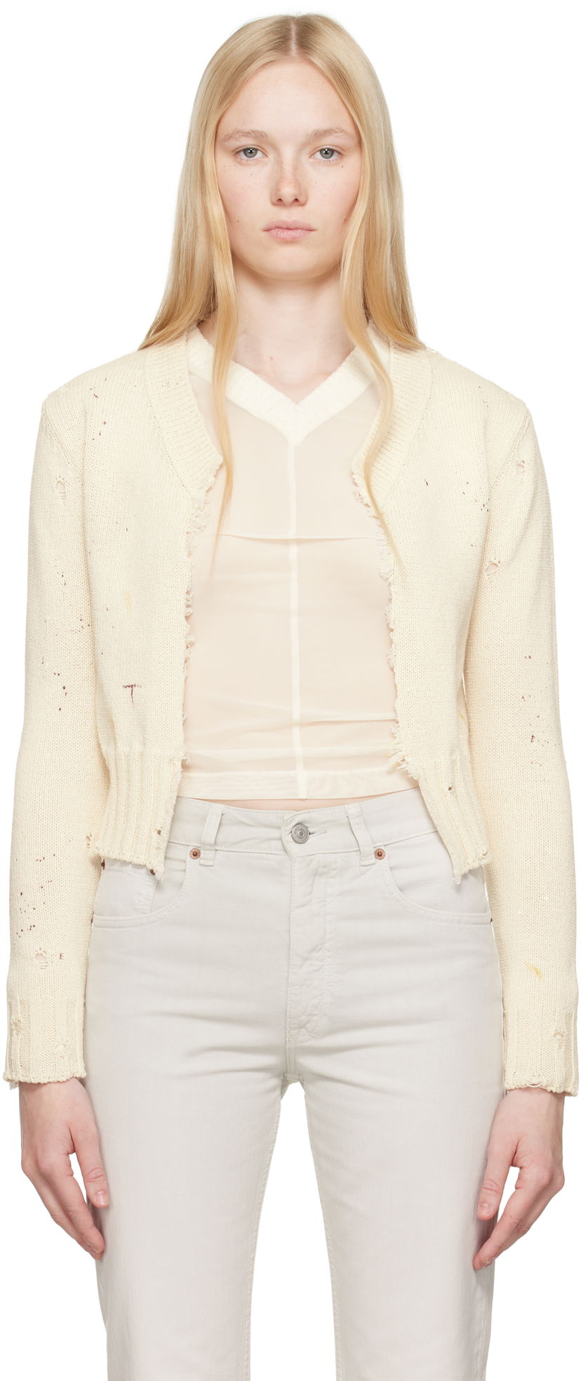 Villapaita Maison Margiela MM6 Maison Margiela Paint Knit Cropped Cardigan Valkoinen | S62HP0027 M13123