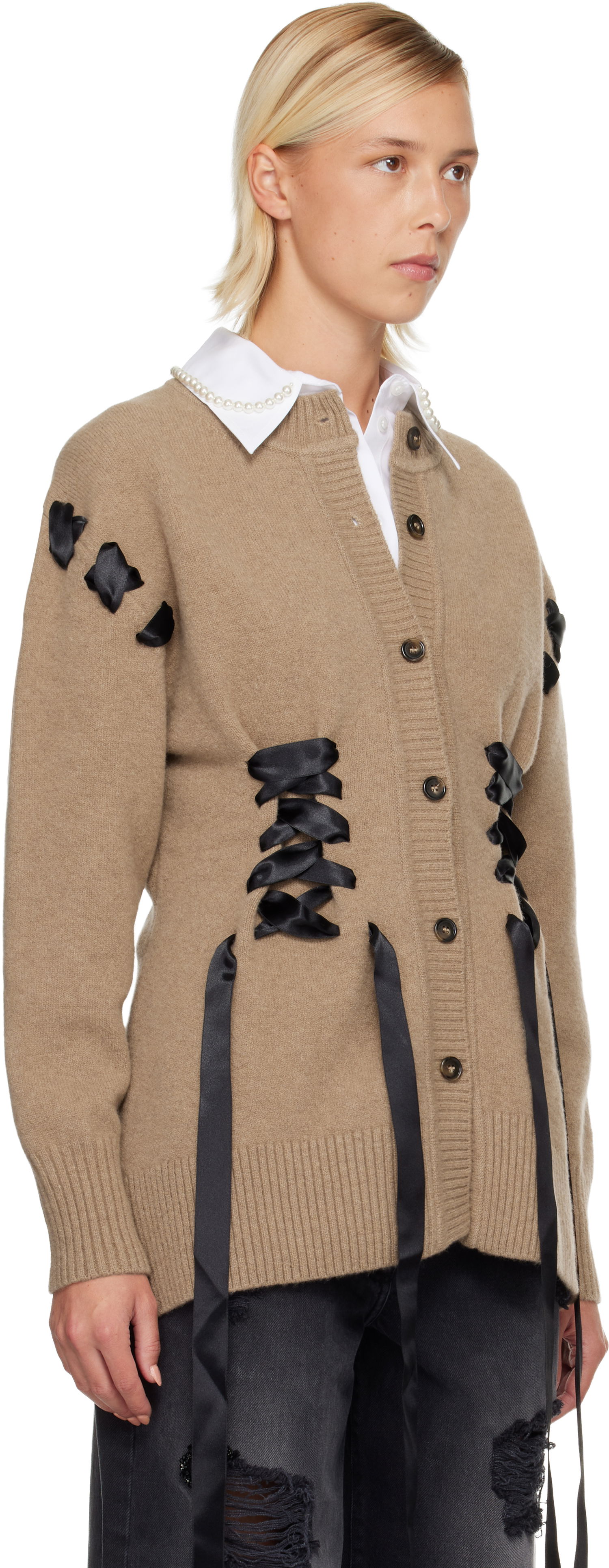 Villapaita Simone Rocha Simone Rocha Sculpted Ribbon Corset Cardigan Beige | LMK8 0660, 1