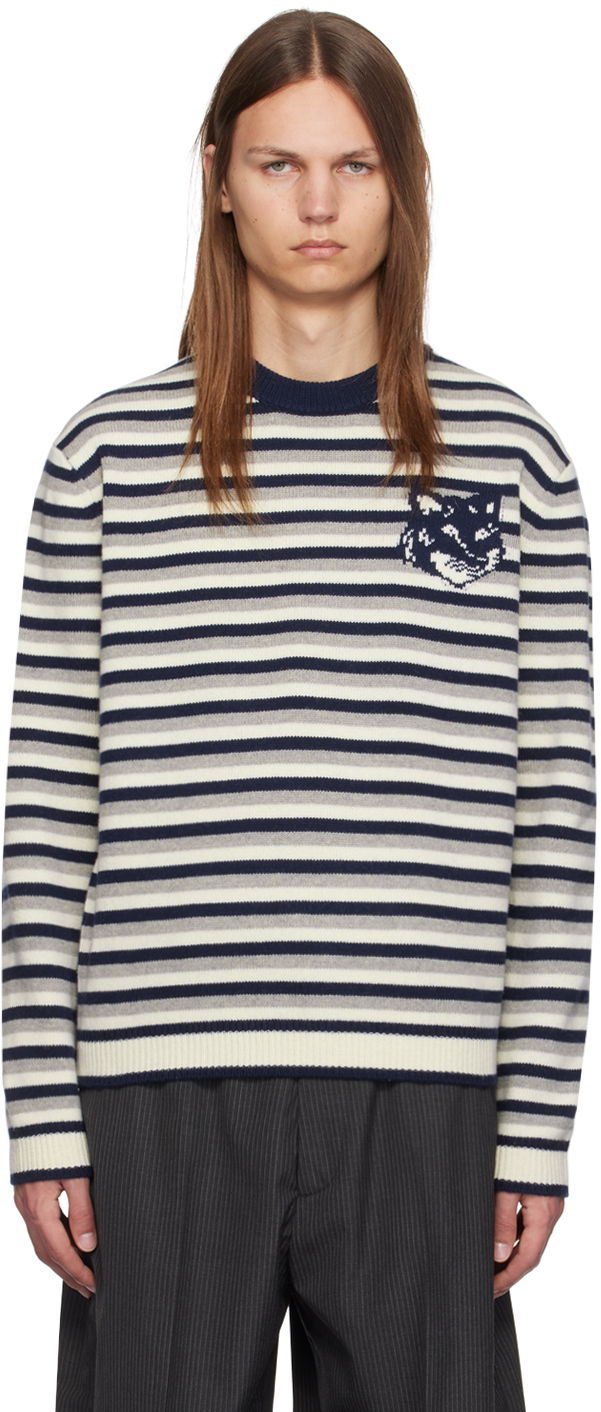 Villapaita MAISON KITSUNÉ Striped Fox Head Intarsia Sweater Sininen | NM00802KM0329