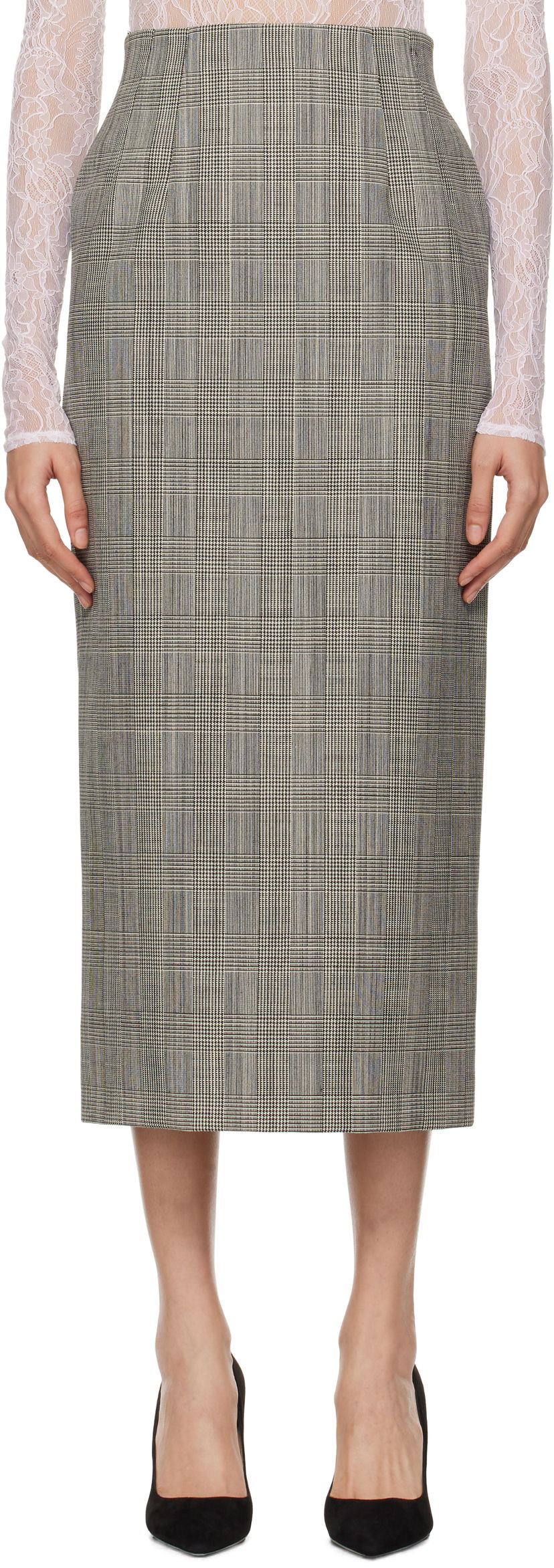 Hame WARDROBE.NYC Houndstooth Print Contour Midi Skirt Harmaa | W3003F24PW