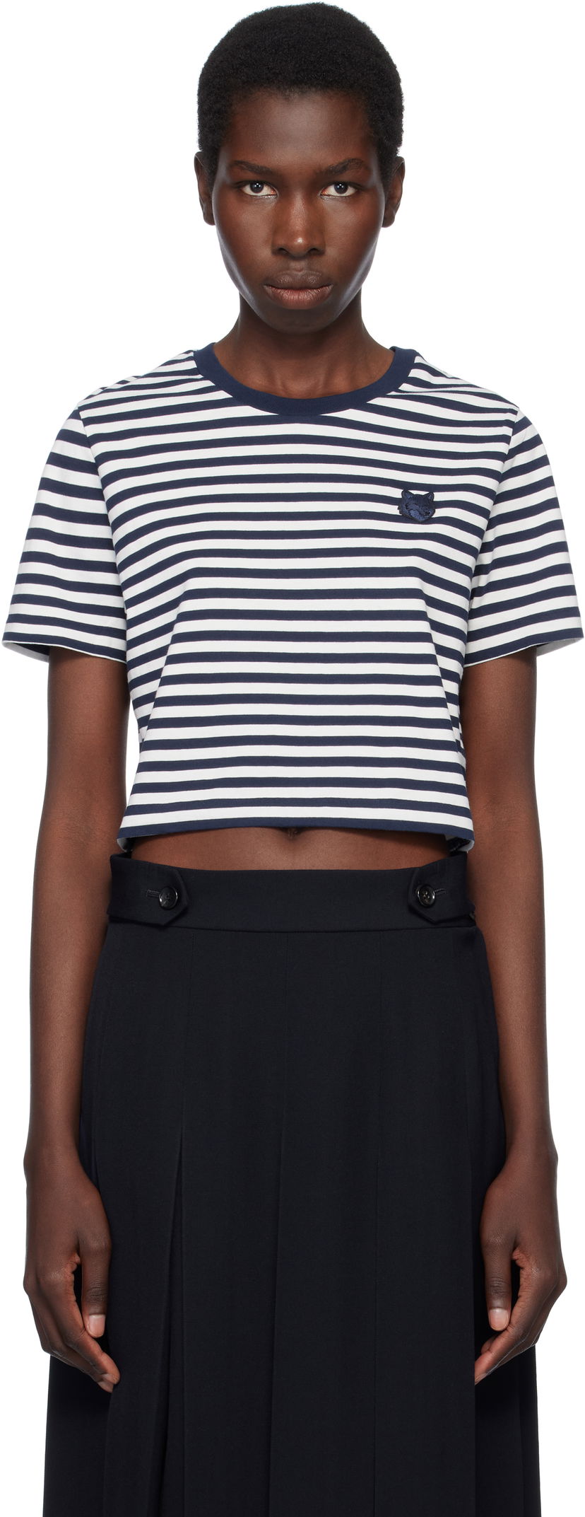 Crop top MAISON KITSUNÉ Maison Kitsuné Fox Head Patch Striped Cropped T-Shirt Tummansininen | OW00110KJ0008