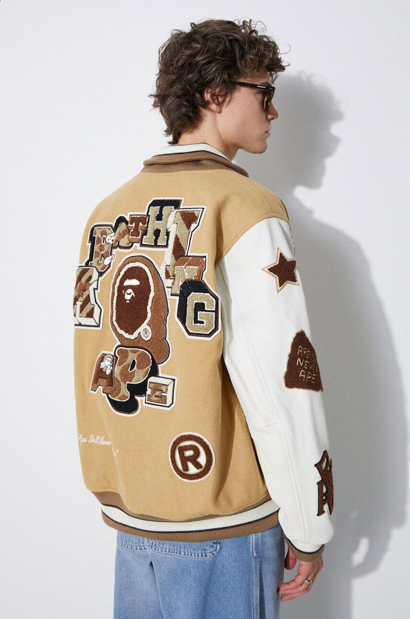Bomber-takki BAPE Multi Motif Varsity Bomber Jacket Beige | 1J80141001