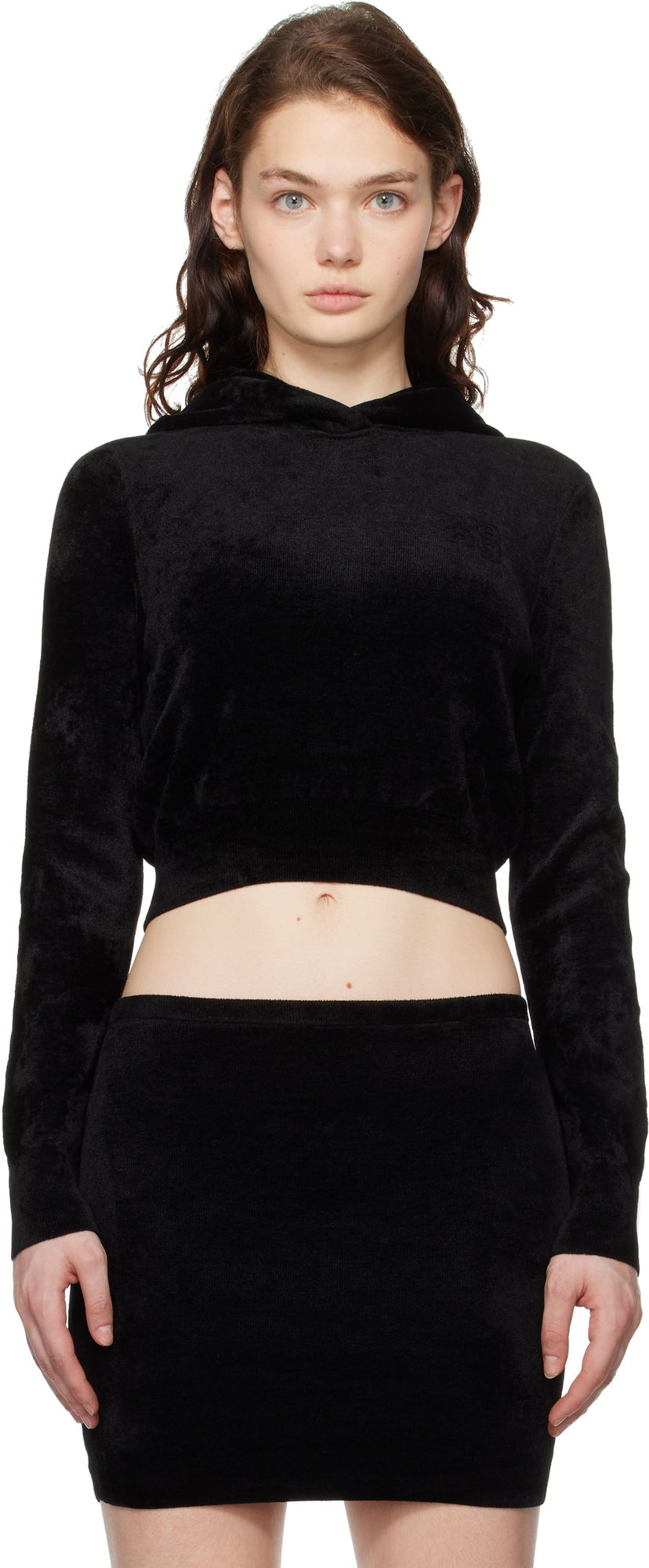 Huppari Alexander Wang Alexander Wang Cropped Velour Hoodie Musta | 4KC4241002