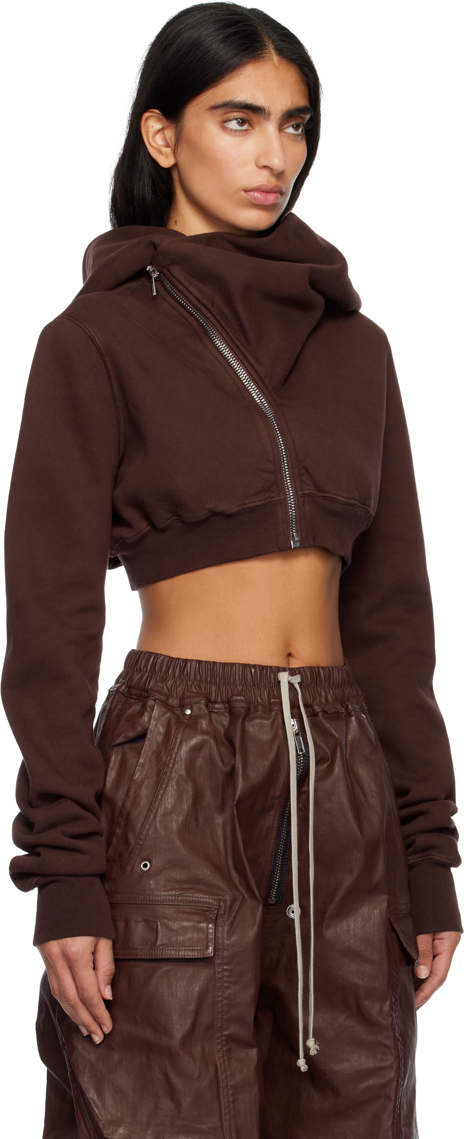 Huppari Rick Owens Concordians Micro Mountain Cropped Asymmetric Zip Hoodie Ruskea | DS02E7237 F, 1
