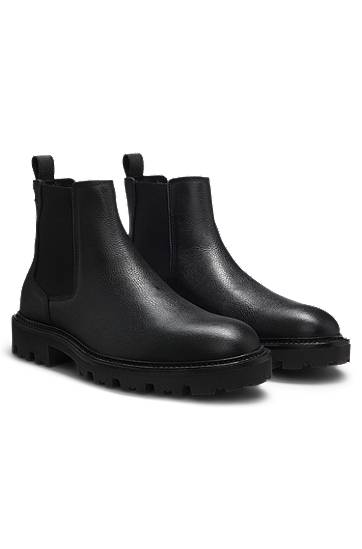 Takit BOSS Grained Leather Chelsea Boots with Lug Sole Musta | 50552573, 0