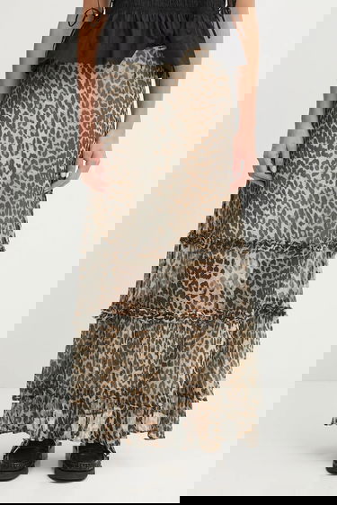 Hame GANNI GANNI Printed Viscose Chiffon Long Ruffle Maxi A-Line Skirt Ruskea | W0435, 0