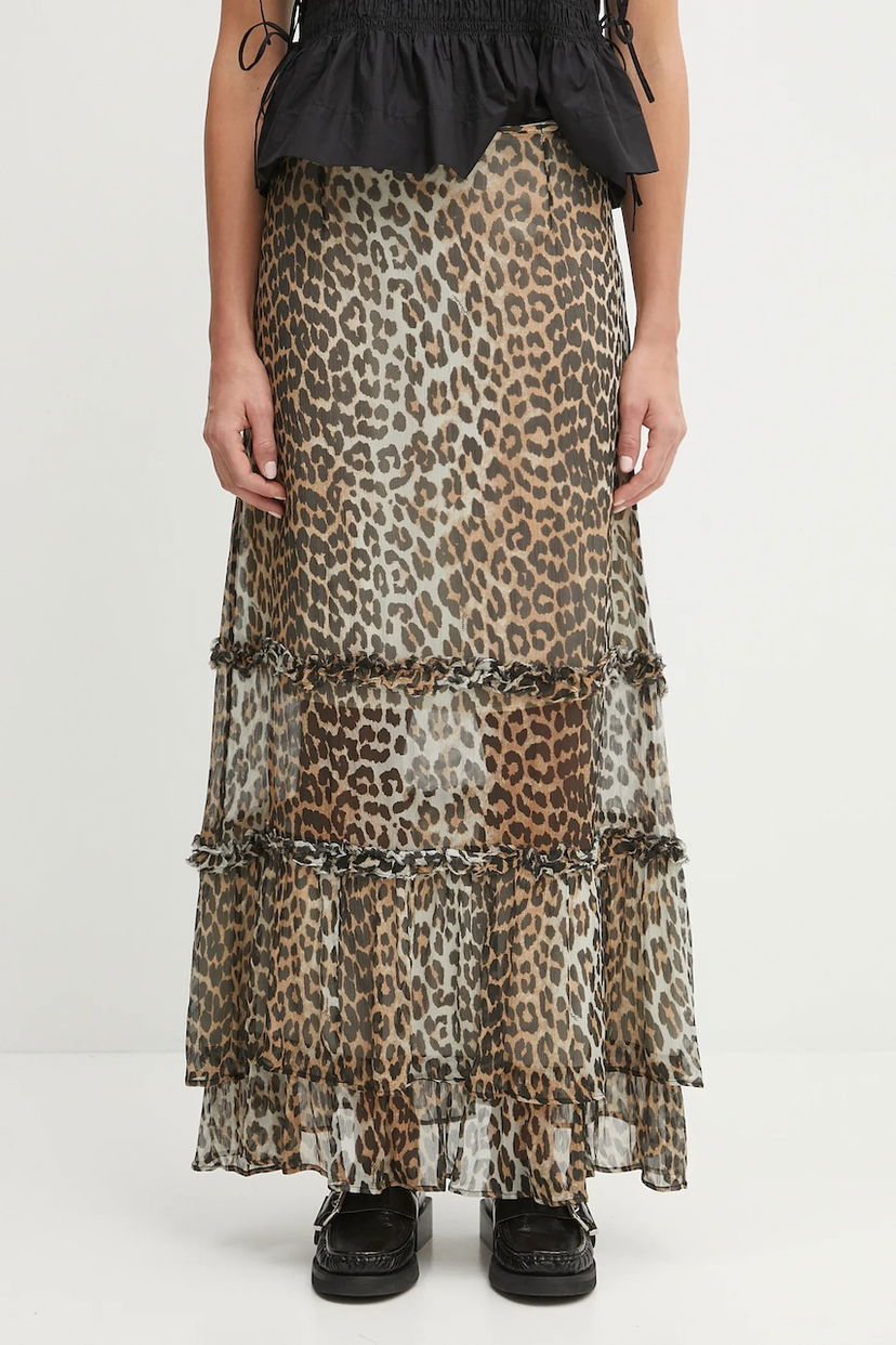 Hame GANNI GANNI Printed Viscose Chiffon Long Ruffle Maxi A-Line Skirt Ruskea | W0435