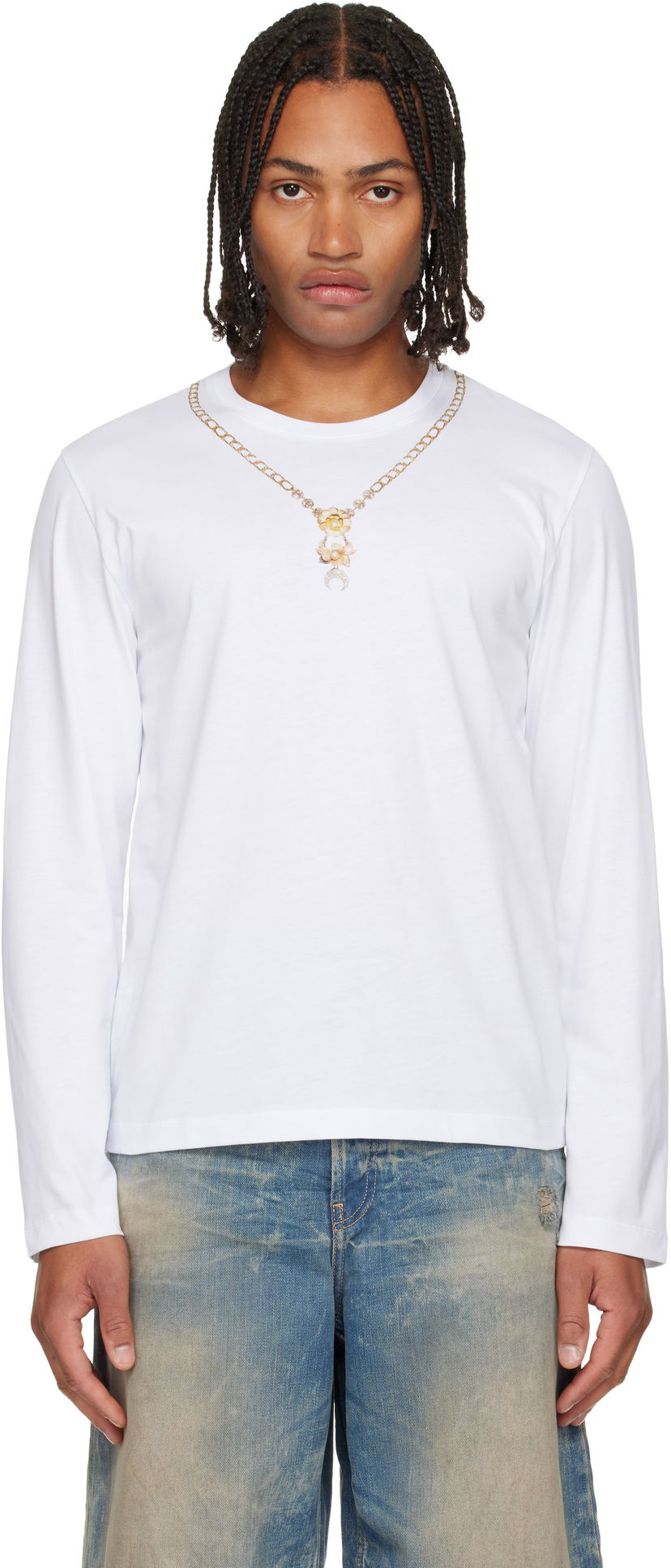 T-paita Marine Serre Marine Serre Trompe L'Œil Jewelry Jersey LS T-Shirt Valkoinen | MTT076ACJER0092