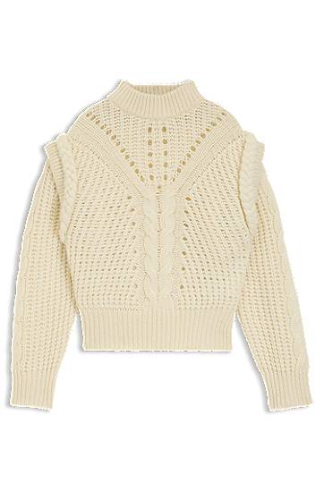 Villapaita BOSS Structured Cable and Openwork Knit Mock Neck Sweater with Alpaca and Virgin Wool Valkoinen | 50548951