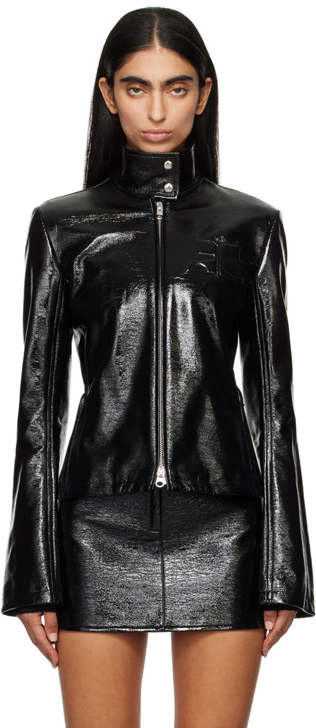Bomber-takki Courrèges Embossed-Logo Patent Leather Jacket Musta | 324CBL194VY0014