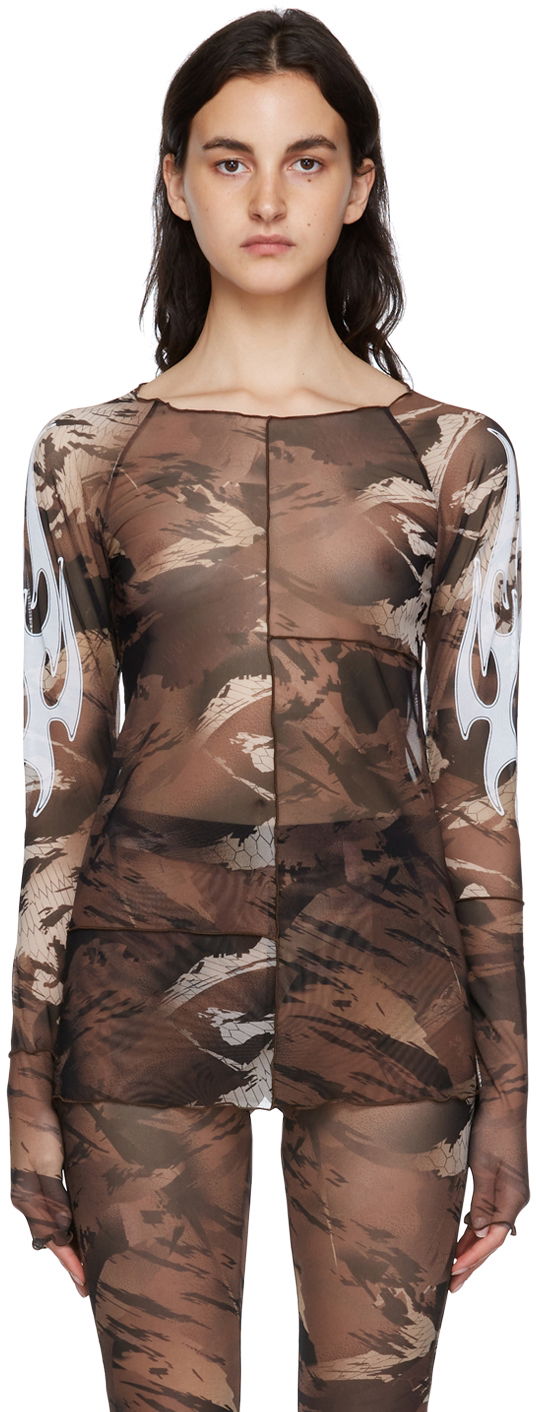 T-paita HERON PRESTON Nylon Long Sleeve T-Shirt Ruskea | HWAD028S22FAB0016401