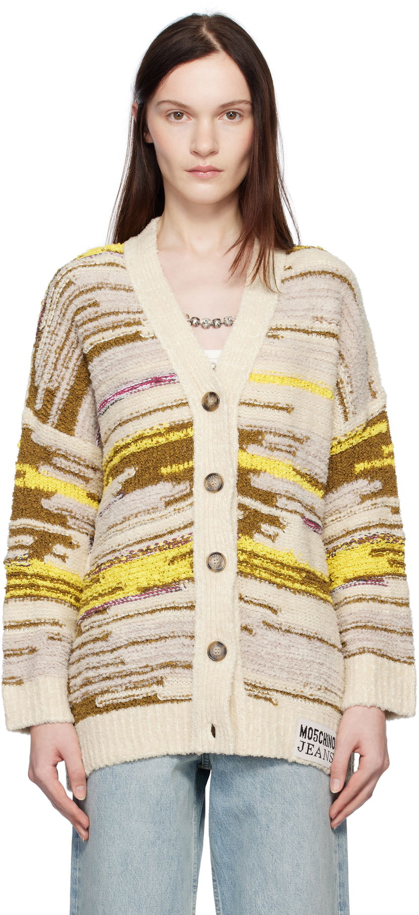 Villapaita Moschino Jeans Striped Knit Cardigan Beige | 251K10681