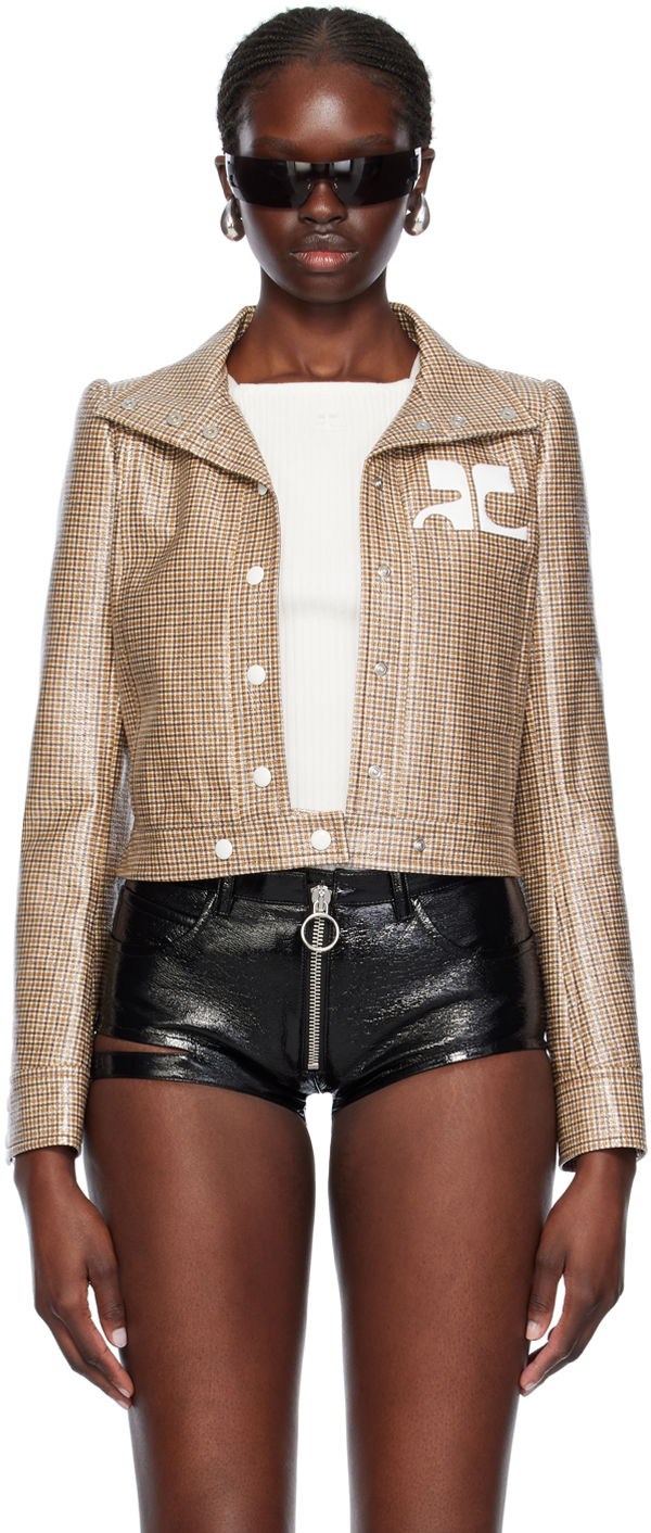 Takki Courrèges Cropped Check Print Buttoned Jacket Ruskea | 124CBL005PR0042