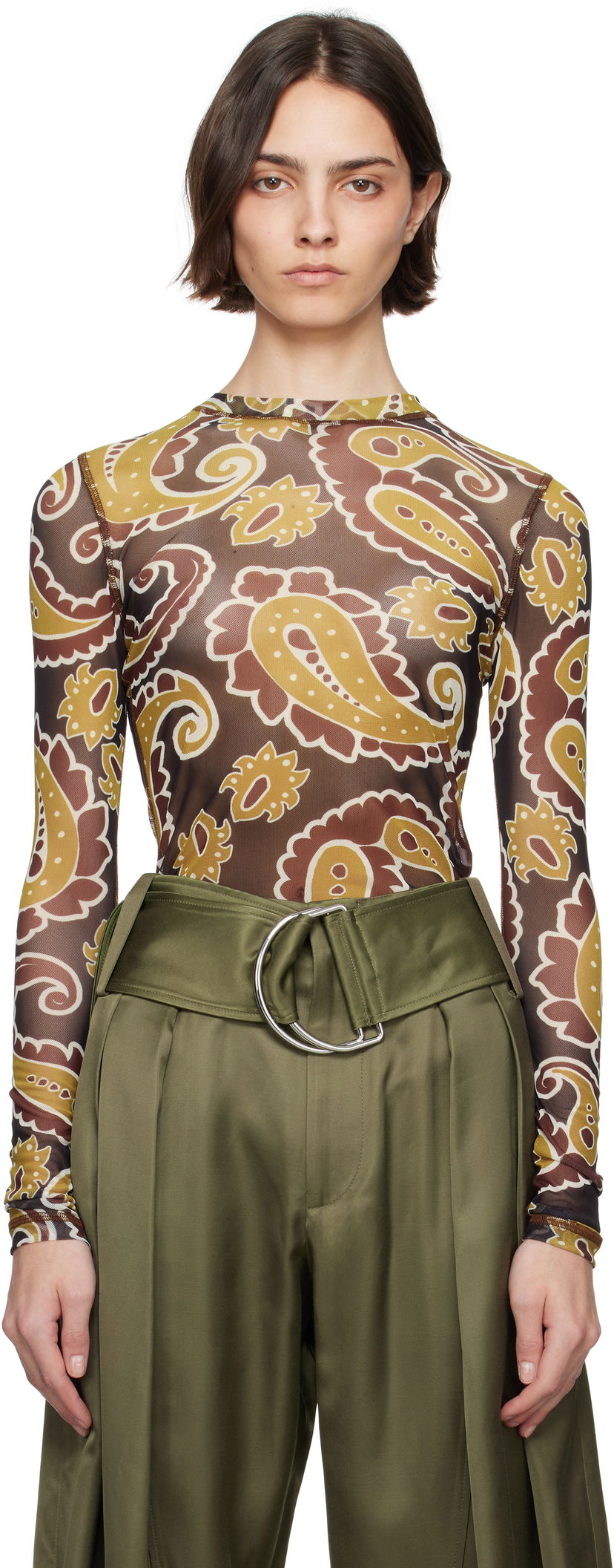 T-paita JW Anderson JW Anderson Paisley Mesh Long Sleeve T-Shirt Ruskea | JO0138-PG1788