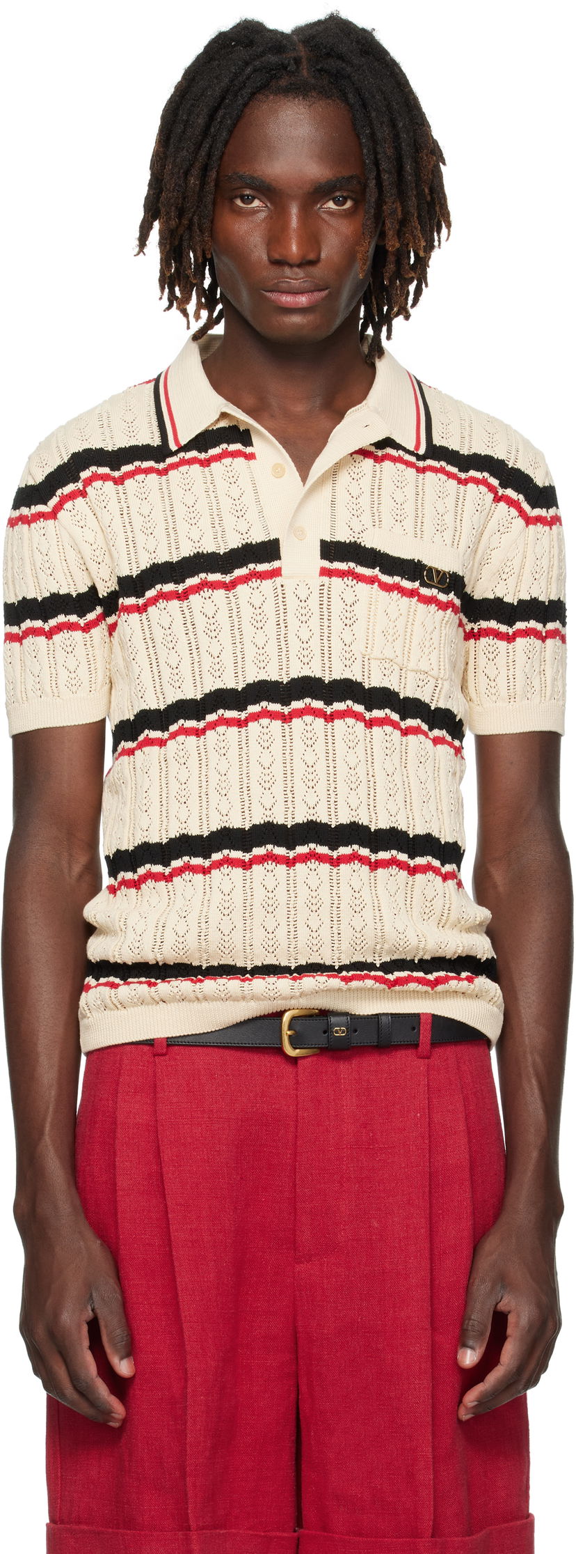 Poolopaita Valentino Valentino Striped Knit Polo Beige | 7V3KP03XB0S