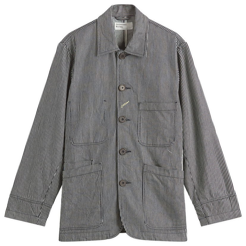 Takki Universal Works Hickory Stripe Original Bakers Jacket, Size Large Tummansininen | P32007-IND