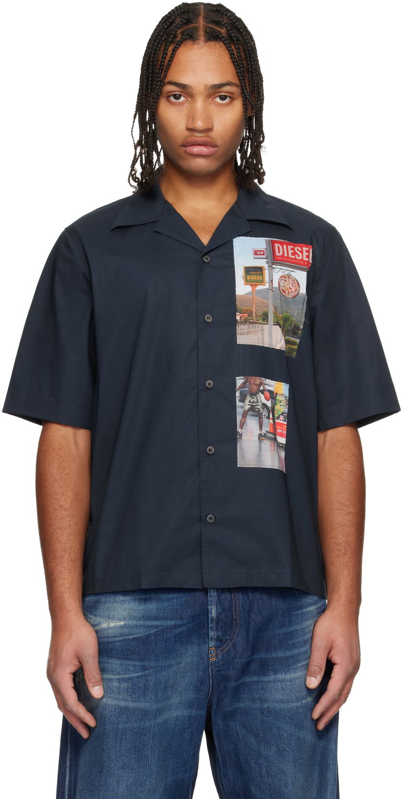 Paita Diesel Short Sleeve Camp-Collar Shirt with Photo Appliqués Tummansininen | A19522-0AJFY-81E