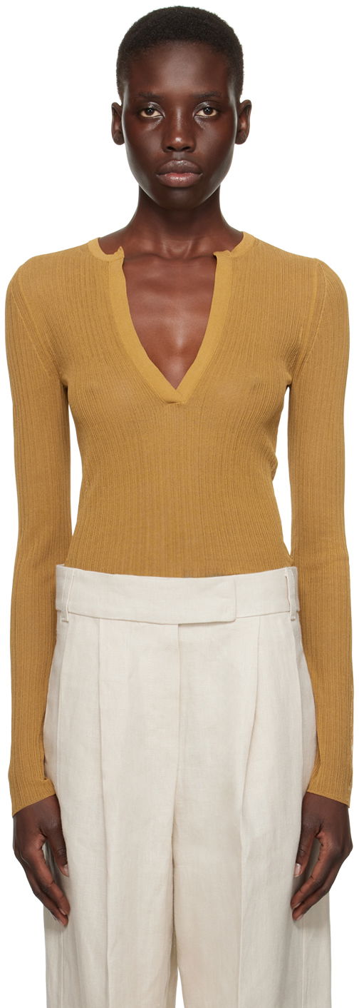Villapaita Max Mara Ribbed Knit V-Neck Sweater Ruskea | 2411361053600006