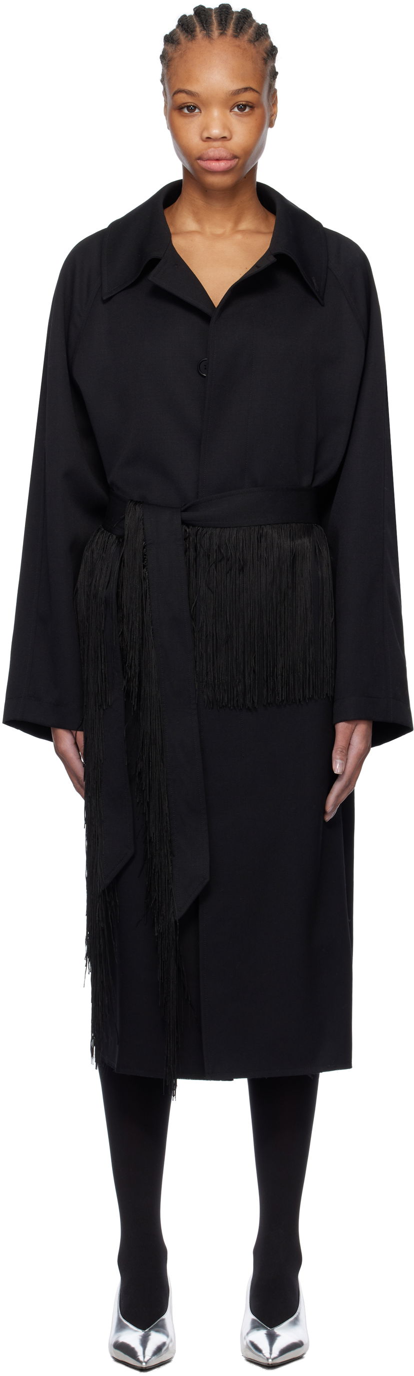 Takit Maison Margiela MM6 Maison Margiela Wool Gabardine Trench Coat with Fringed Belt Musta | S52AH0079 S78542