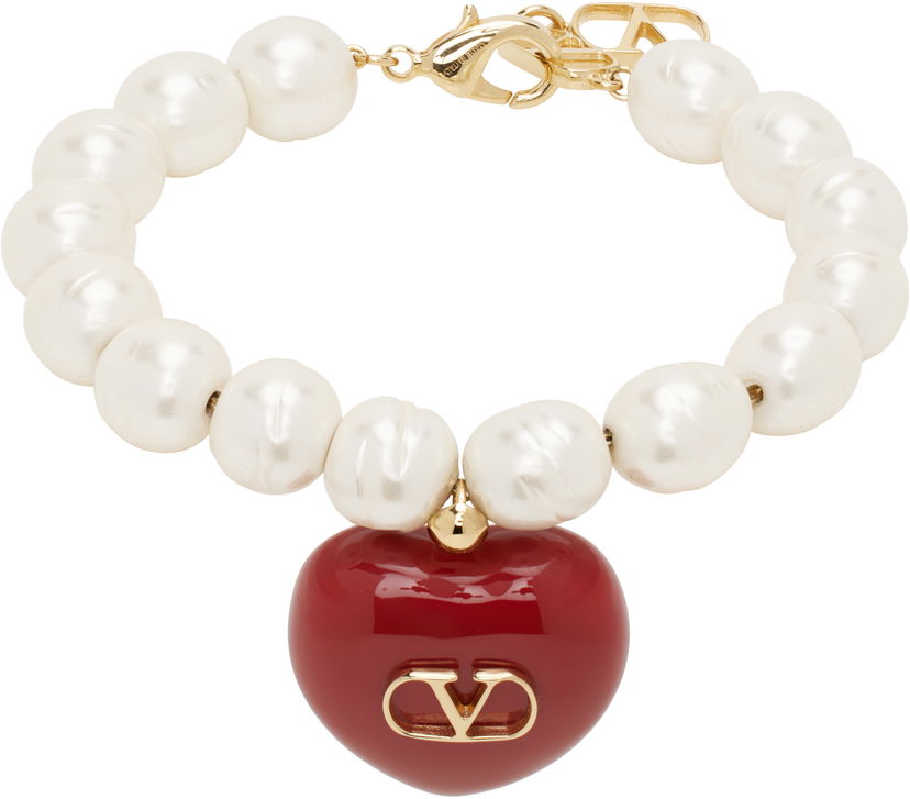 Rannerengas Valentino Valentino Garavani Pearl Bracelet with Heart Pendant Punainen | 6W2J0Y71LTD