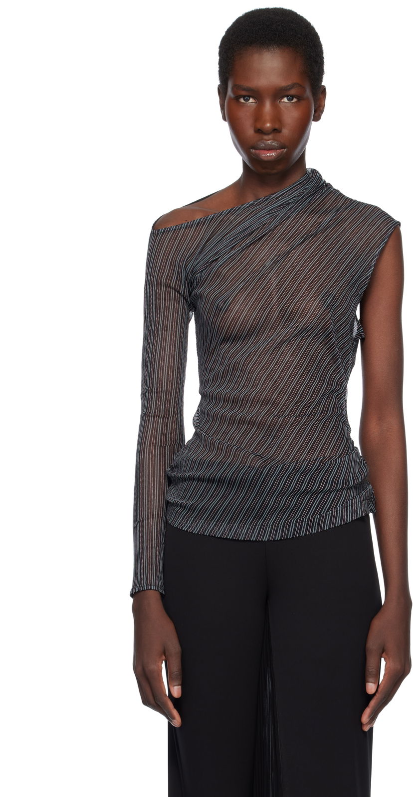 T-paita Courrèges Courrèges Asymmetric Striped Mesh Top Musta | 125JTO387PR0099