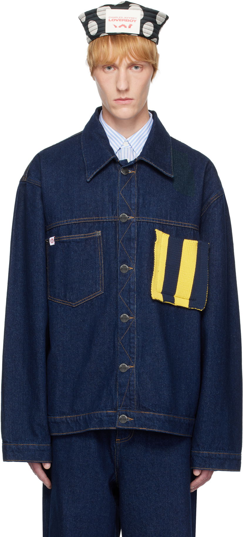Takki Charles Jeffrey Loverboy Charles Jeffrey LOVERBOY Knit Patch Cargo Denim Jacket Sininen | 54010201