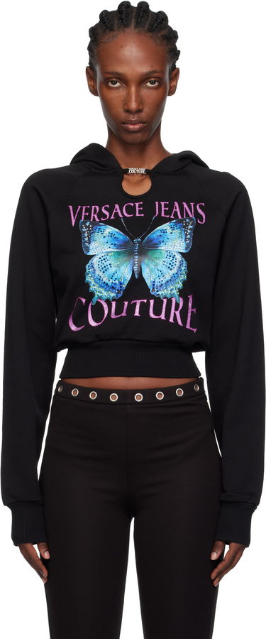 Huppari Versace Versace Jeans Couture Butterfly Graphic Cropped Hoodie with Keyhole Detail Musta | 79HAIB01-CFB00, 0