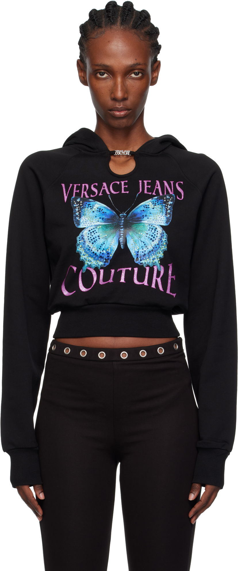 Huppari Versace Versace Jeans Couture Butterfly Graphic Cropped Hoodie with Keyhole Detail Musta | 79HAIB01-CFB00