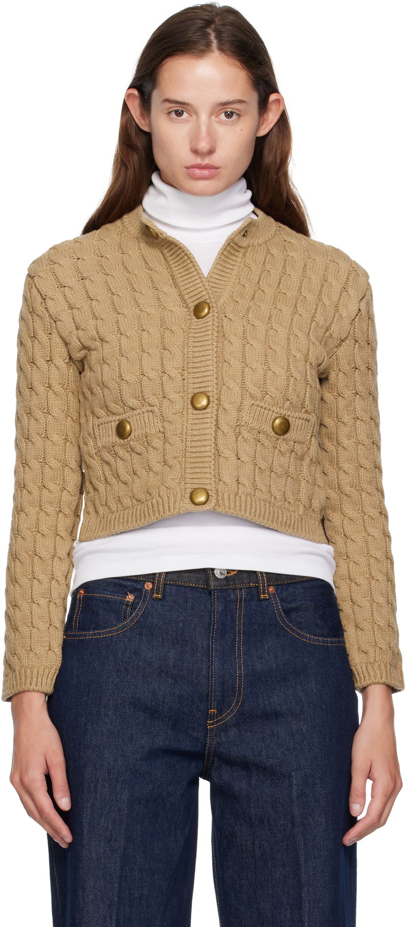 Villapaita Moncler Moncler Cotton Blend Knit Cropped Cardigan Beige | 0939B00004M7105