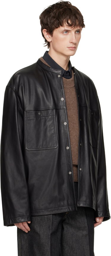 Takki LEMAIRE LEMAIRE Collarstand Leather Snap-Front Overshirt with Flap Pockets Musta | OV1028 LL0142, 1