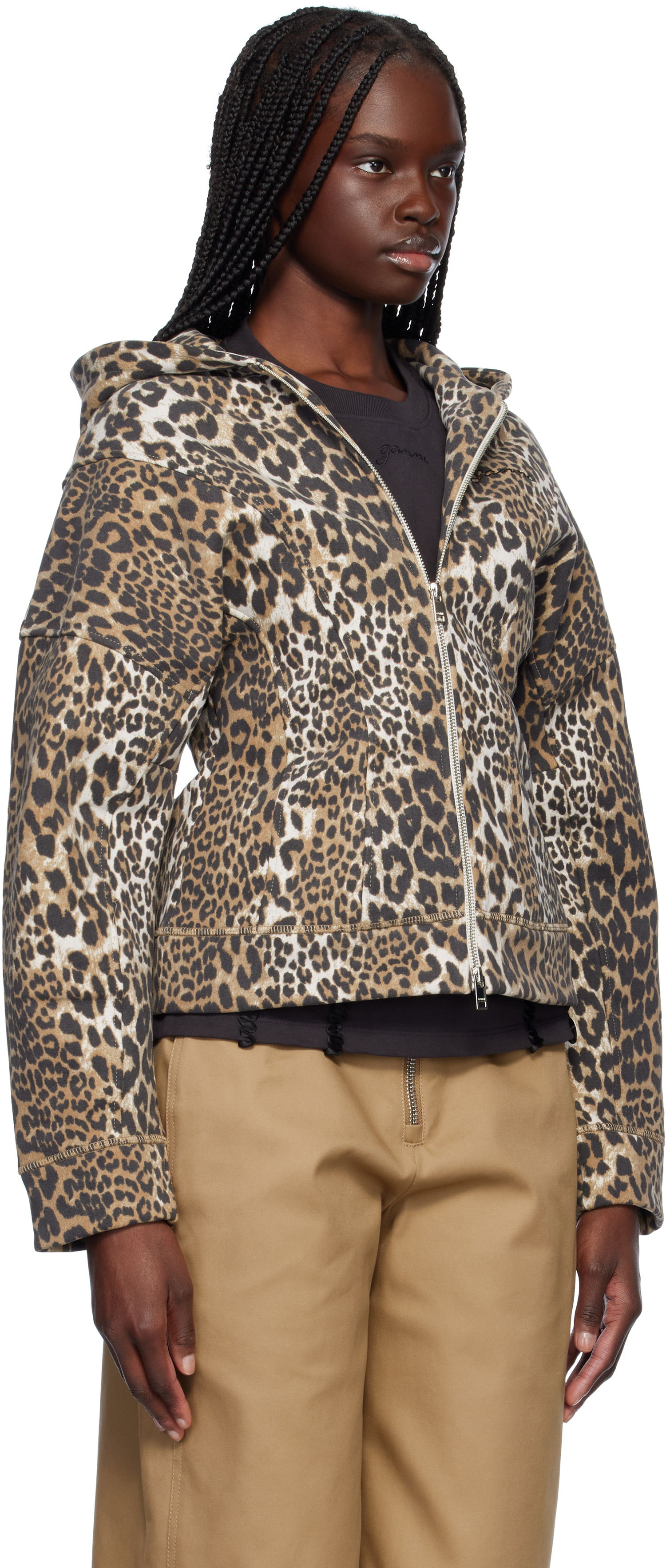 Huppari GANNI GANNI Heavy Fleece Zip-Up Hoodie Ruskea | T4176, 1