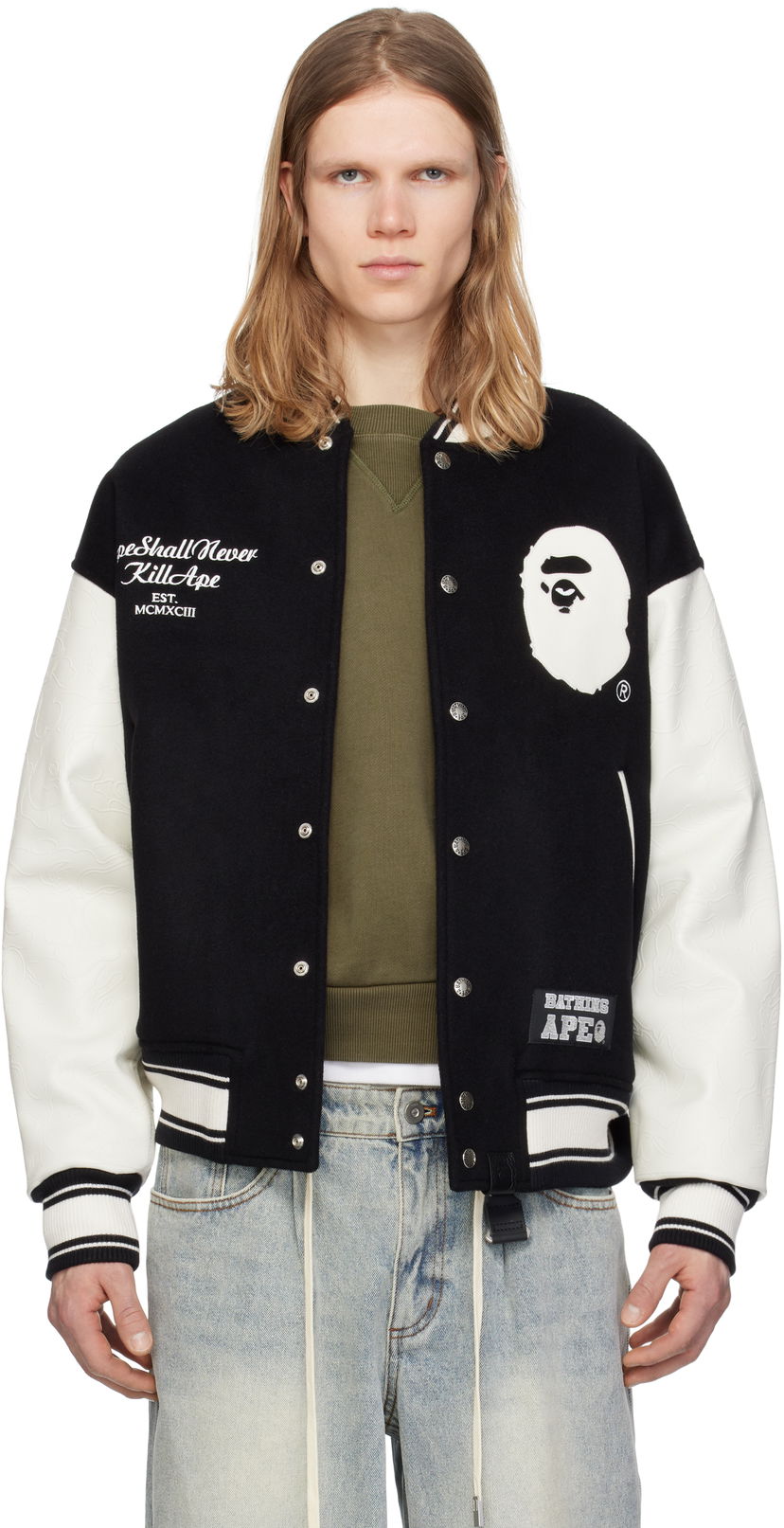 Bomber-takki BAPE A Bathing Ape Varsity Bomber Jacket Musta | 001HJK701301N