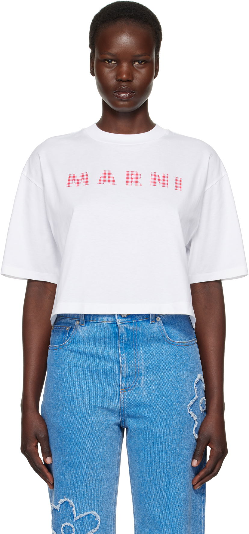 Crop top Marni Marni Cropped Checked Logo T-Shirt Valkoinen | THJE0333P6 USCX52