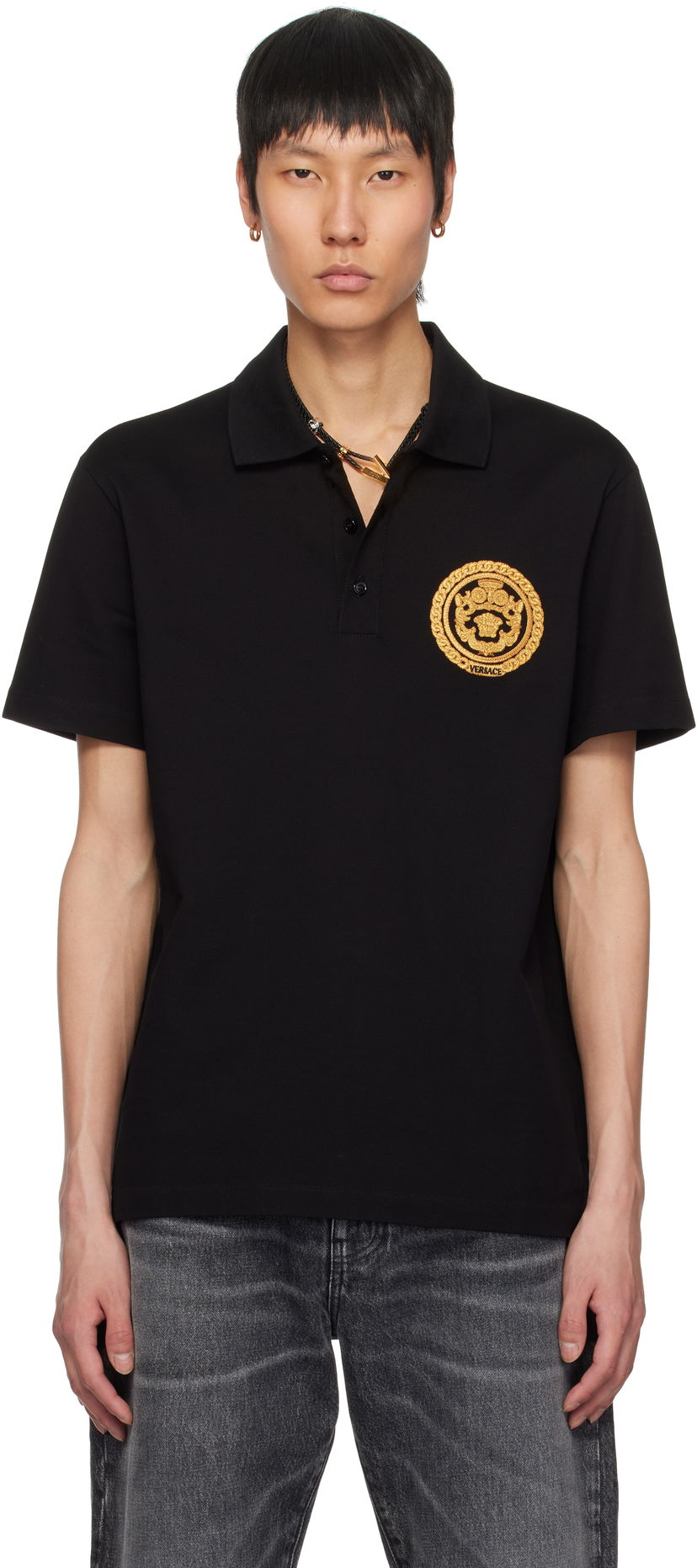 Poolopaita Versace Versace Embroidered Chain Crest Polo Musta | 1013906_1A13413