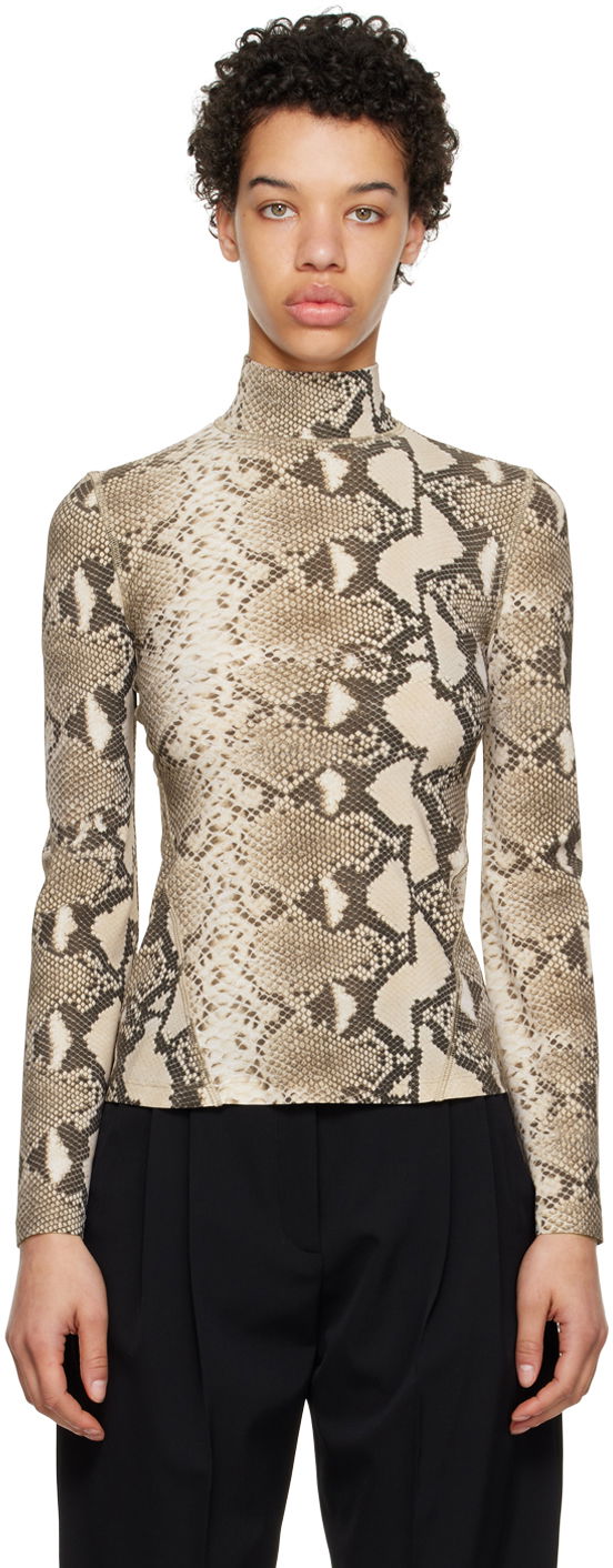 T-paita Stella McCartney Stella McCartney Python Print Long Sleeve T-Shirt Beige | 6J01903SPX60