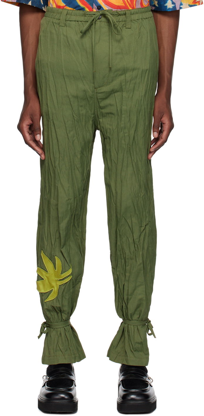 Housut Marni No Vacancy Inn Edition Crinkled Drawstring Trousers with Leaf Appliqué and Tied Cuffs Vihreä | PUMU0228SX UTN906