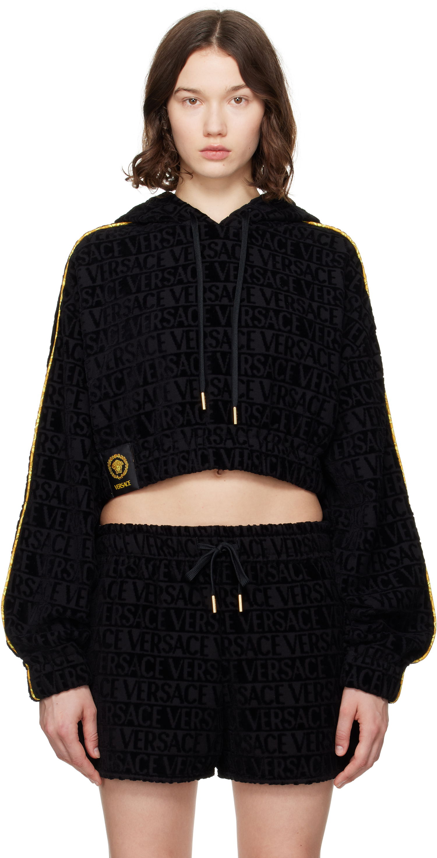 Huppari Versace Versace 'I Heart Baroque' Crop Velour Hoodie Musta | 1020144_1A14584, 0