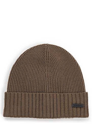 Pipo BOSS Virgin Wool Beanie with Logo Plaque Ruskea | 50495306