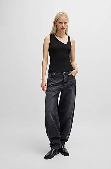 Tankkitoppi BOSS Knitted Top with Asymmetrical V-Neck Musta | 50518334, 1