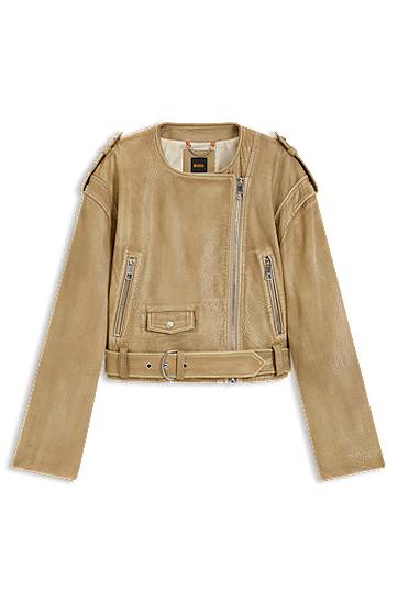 Takki BOSS Cropped Grained Leather Biker Jacket Beige | 50543026