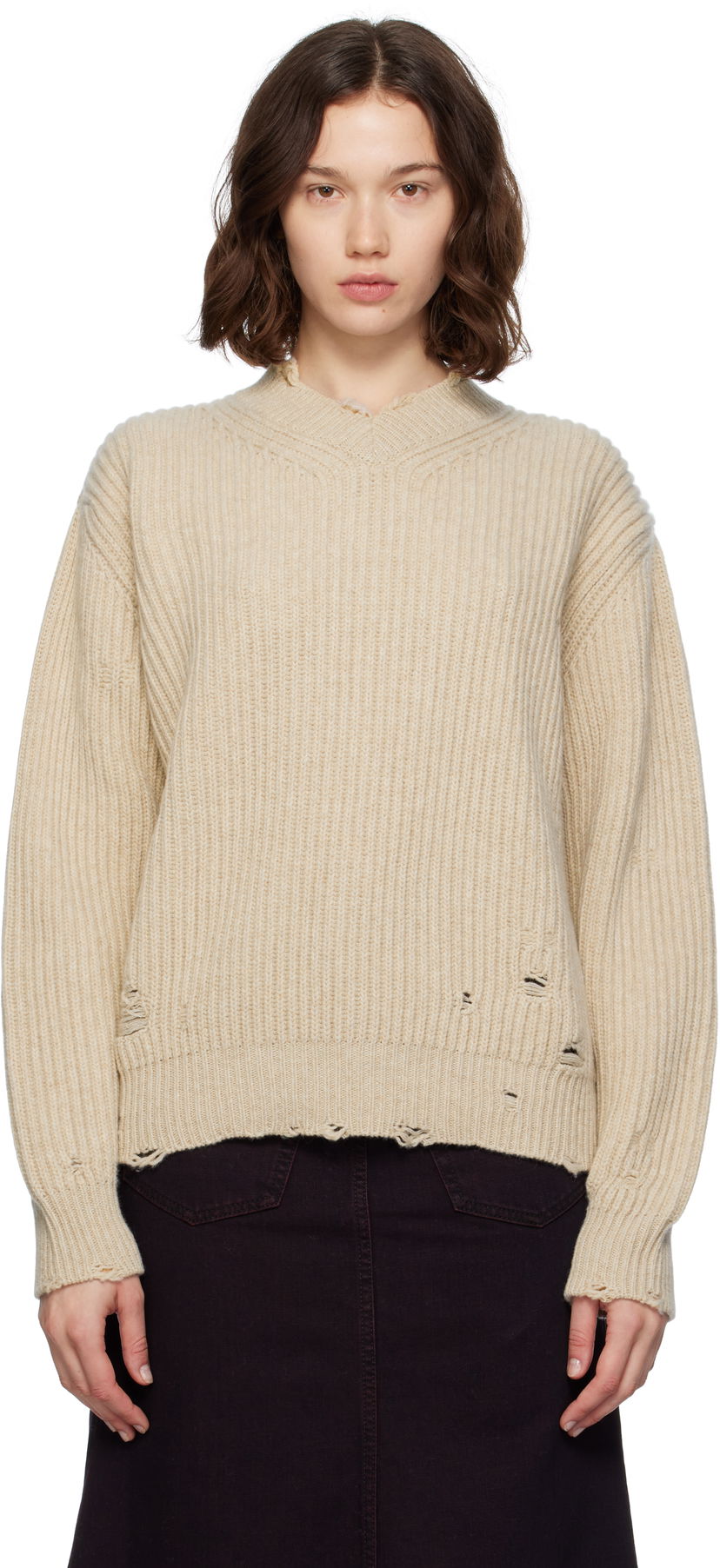 Villapaita Maison Margiela MM6 Maison Margiela Distressed Wool Sweater Beige | S52HN0011 M13138