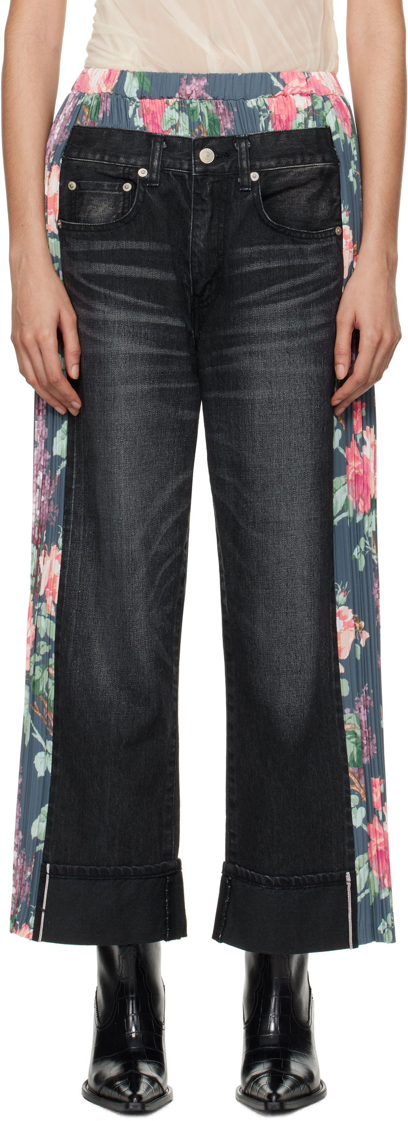Jeans Junya Watanabe Flower Print Panel Jeans Musta | JN-P107-100