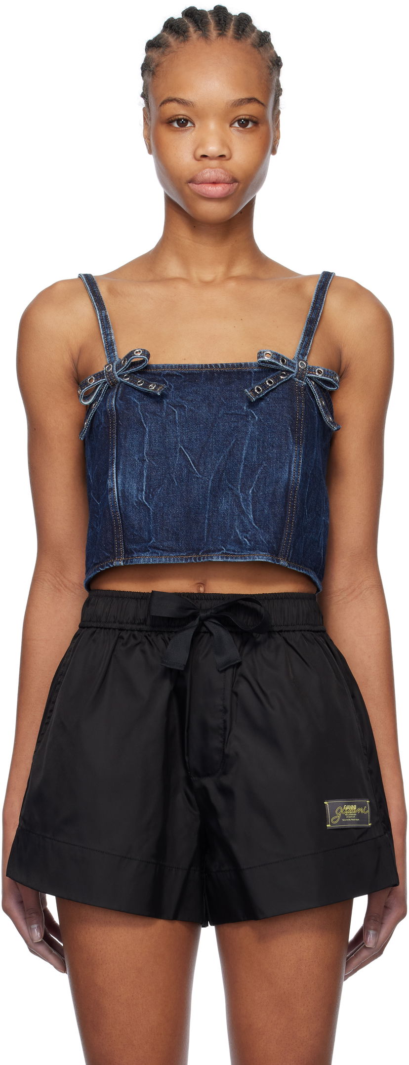 Tankkitoppi GANNI Blue Crinkled Future Denim Strap Top Tummansininen | J1592