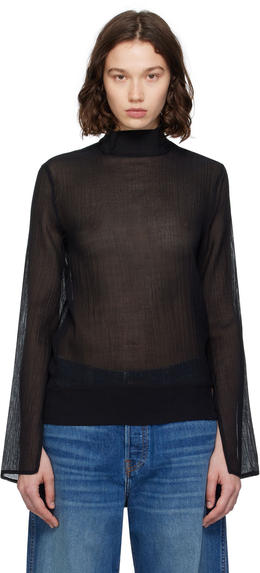 Paita TOTEME TOTEME Slit Sleeve Mock Neck Blouse Musta | 253-WRT0546-FB0462