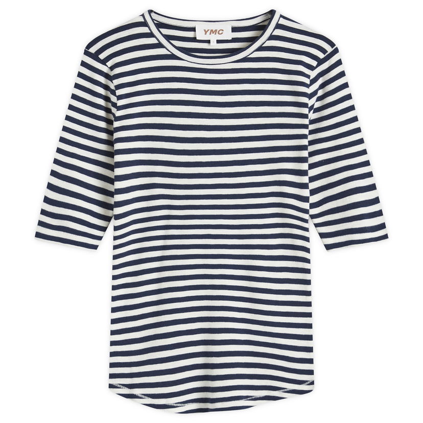 T-paita YMC Earth Charlotte Striped Short Sleeve Top Sininen | Q6AZC-NAVY-WHITE